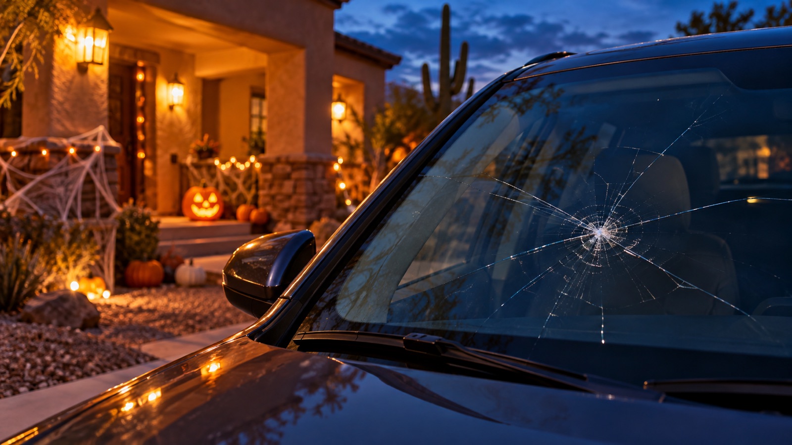 Spiderweb crack in a car windshield parked outside an Arizona home decorated for Halloween