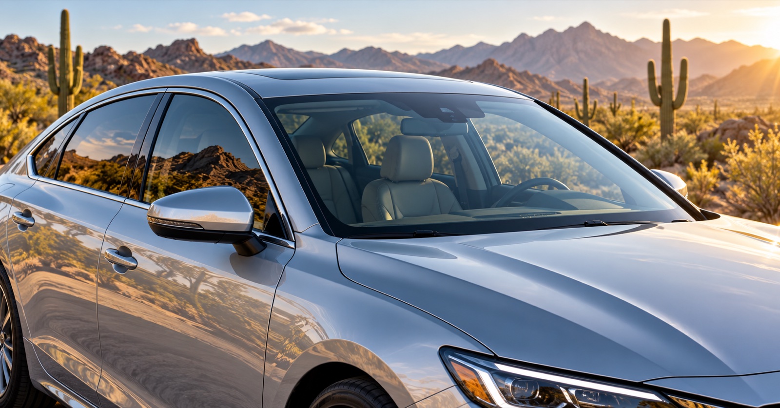 Silver sedan with a clear windshield and tinted side windows reflecting Arizona desert mountains and saguaros in warm afternoon sunlight.