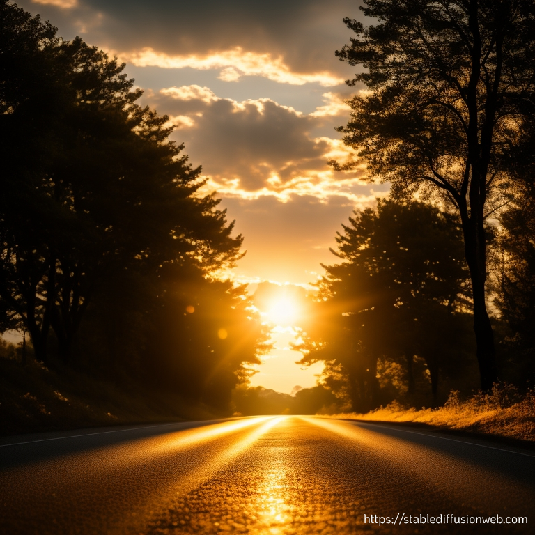 Sun setting at the end of a road lined with tall trees